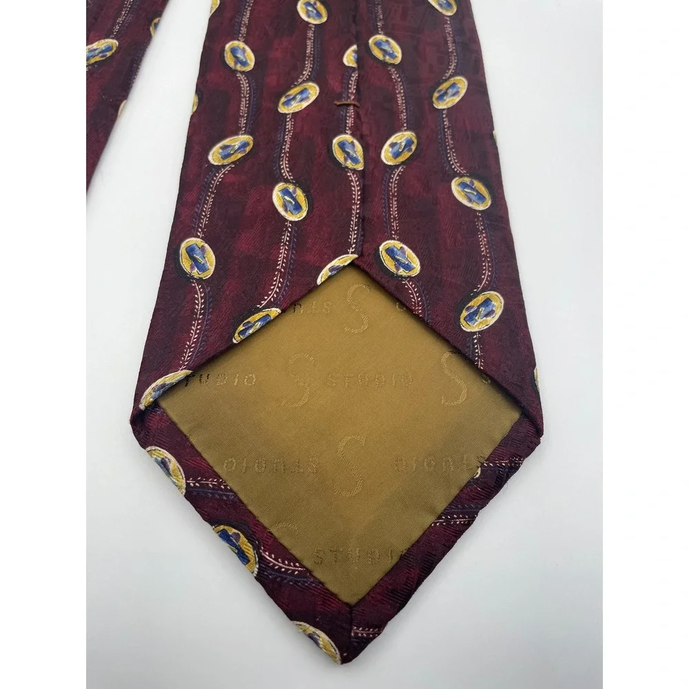 Robert Talbott Studio Mens Silk Tie Burgundy Blue Gold Medallion Hand Sewn USA